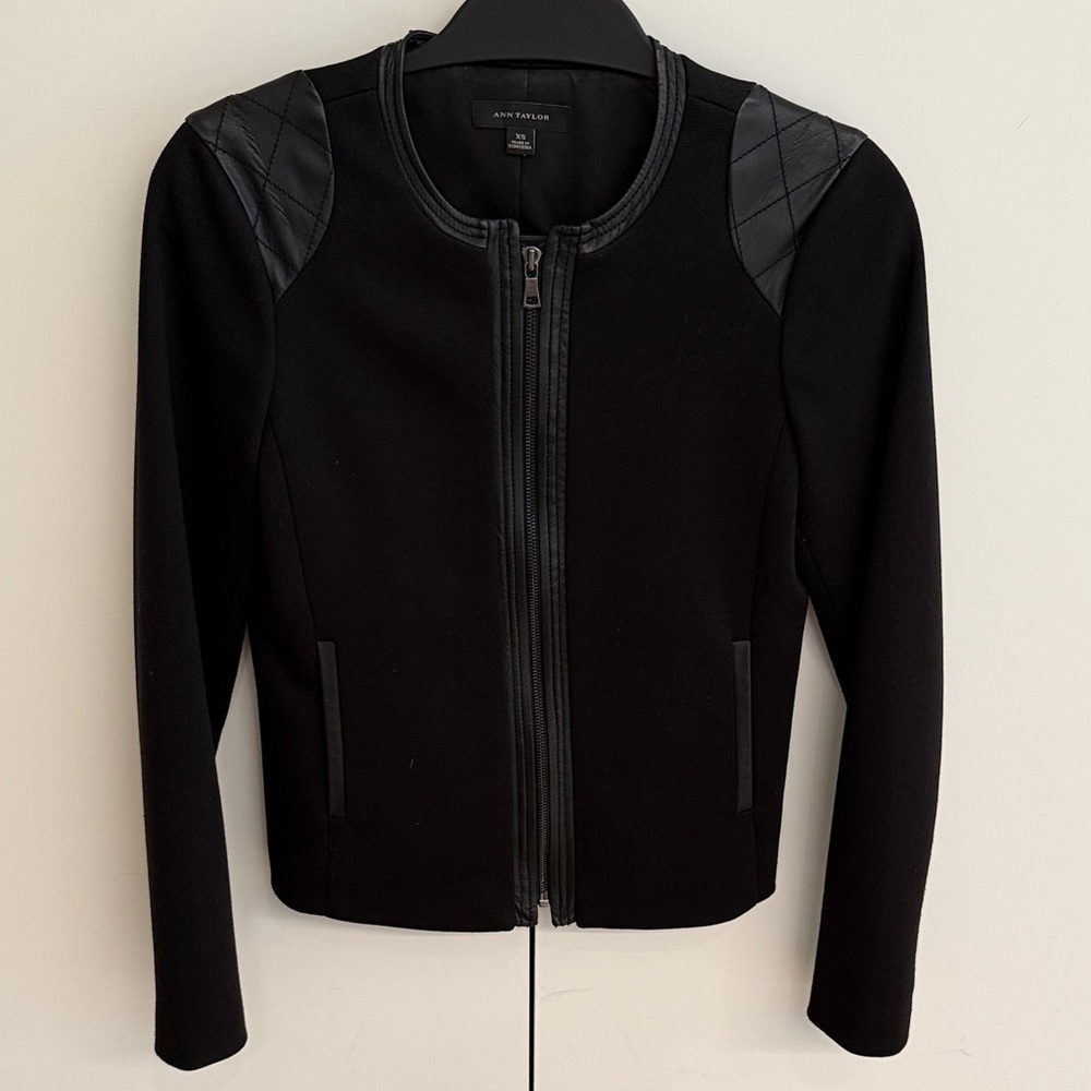 Ann Taylor Black Stretchy Blazer with Pleather Detailing